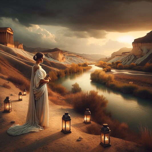Serene landscape with philosopher by river, guiding lights along path, storm in distance, in 1960s historical epic style.