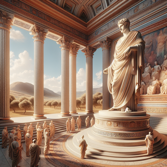 Statue of an ancient philosopher with Greek architecture in the background, evoking wisdom and virtue in the style of 1960s historical films.