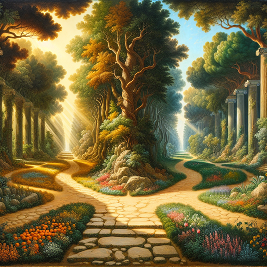 Two diverging paths in an ancient forest, symbolizing philosophical choices between lush hedonism and serene stoicism, inspired by 1960s historical film aesthetics.