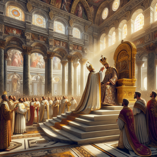The Pope solemnly crowns a Roman emperor with a golden crown in an imperial basilica, surrounded by clergy and nobles, captured in a cinematic 1960s epic painting style.