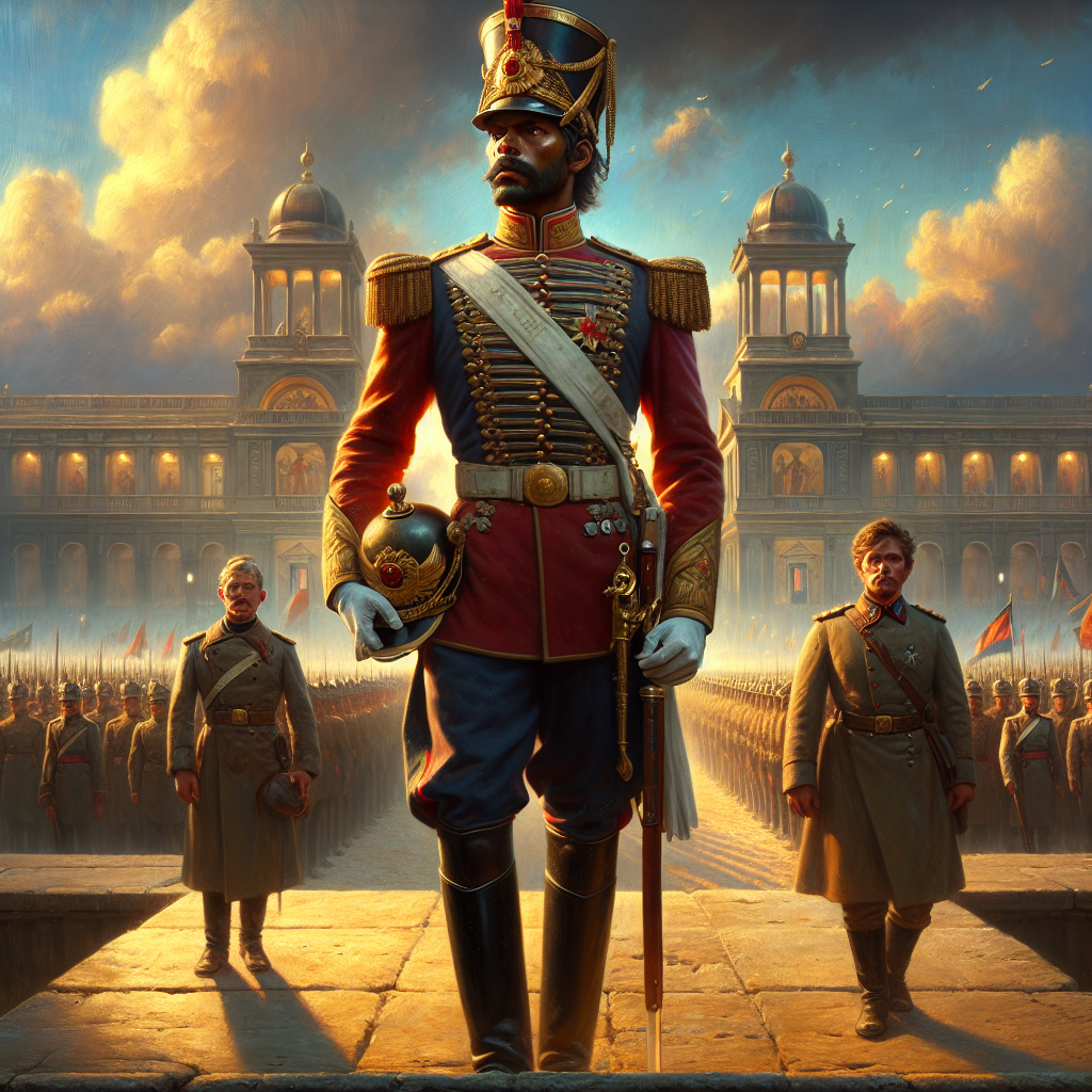 A proud 19th-century Prussian soldier in a Pickelhaube helmet and full uniform standing in formation under bright sunlight, symbolizing military tradition and honor, painted in a realistic, cinematic style.