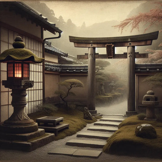 A quiet Kyoto alley featuring a wooden torii gate and moss-covered stone lantern beside a tranquil zen garden at dusk, bathed in soft lantern light and mist, embodying traditional Japanese serenity.