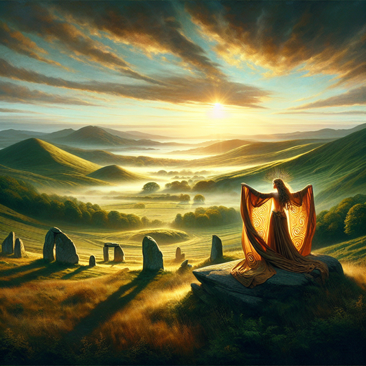 Radiant female goddess Ériu standing amid misty rolling green hills and ancient stone circles at dawn, evoking Celtic mythology in a cinematic 1960s Roman epic painting style.