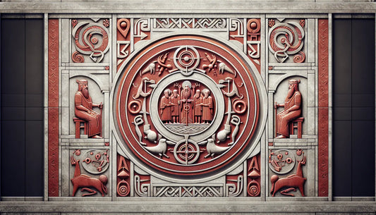 Steinrelief mit symbolischen Motiv aus goetterrat der nordischen Mythologie in roemischer Farbgebung