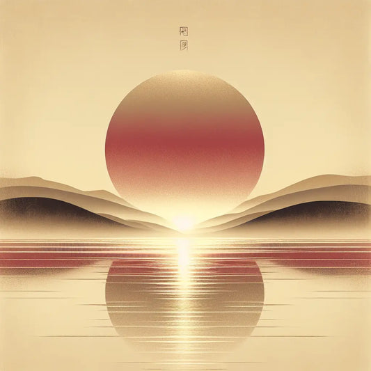 Minimalist Japanese style rising sun at dawn with soft golden and red rays over a serene, misty landscape symbolizing hope and new beginnings.