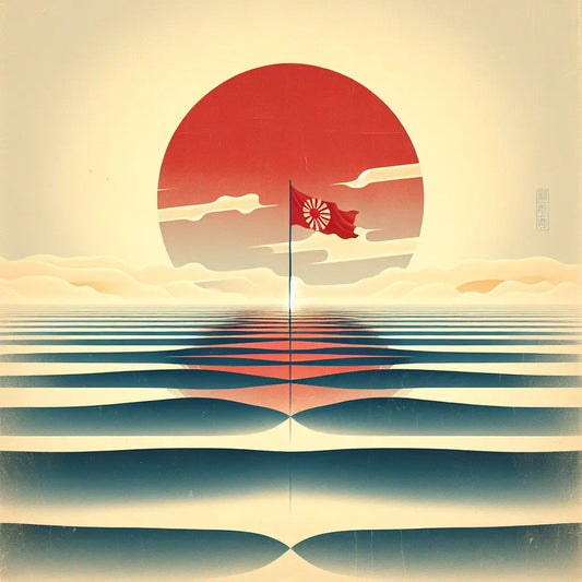 Rising Sun flag waving softly above a calm ocean under a clear blue sky, bathed in warm sunlight and reflecting Japan's naval heritage in a minimalist, serene setting.
