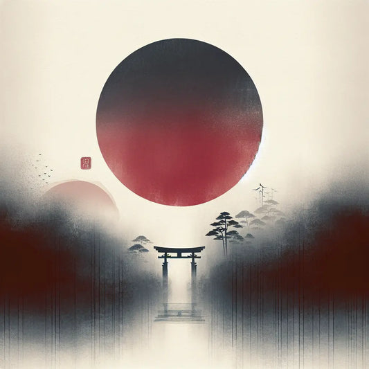 A minimalist depiction of the Rising Sun flag with muted red rays, set against subtle ink-wash East Asian motifs like a distant torii gate and bamboo, conveying reflective and somber emotion.