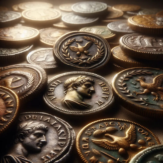 Close-up of ancient Roman coins showing detailed engraved portraits of emperors and Roman symbols in warm natural light.