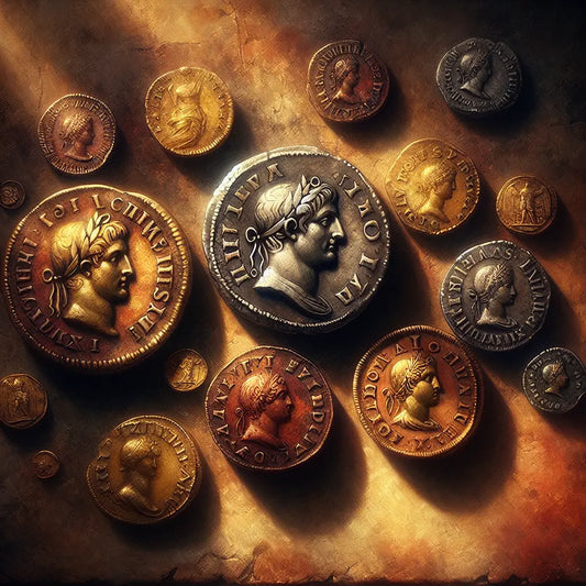 Close-up of ancient Roman silver denarius, brass sestertius, gold aureus, and solidus coins with detailed engravings of emperors and gods, shown in warm natural light evoking Roman Empire grandeur.