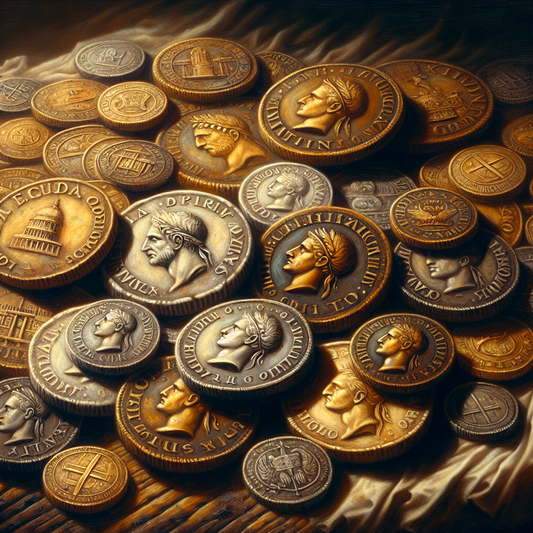 Close-up of ancient Roman coins showing emperors profiles and Roman symbols, arranged on a wooden surface, in the painterly style of 1960s Roman historical epic films.