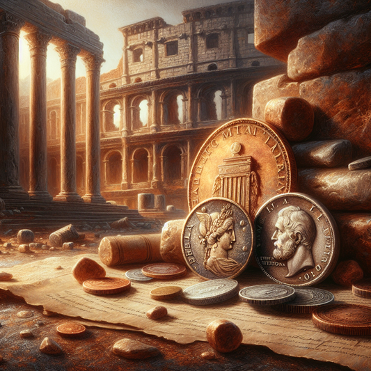 Close-up painting of an ancient Roman coin and a 1933 Double Eagle gold coin side by side on a stone surface, with ancient Roman ruins and vintage American documents softly blurred in the background, inspired by 1960s historical epics.