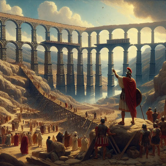 Roman engineer overseeing the construction of a large aqueduct in ancient Hispania, surrounded by soldiers and workers under a bright blue sky, painted in a 1960s historical epic style.