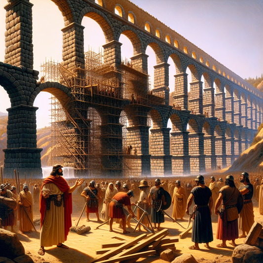 Roman engineer overseeing the construction of an aqueduct in ancient Hispania, surrounded by builders and soldiers in a warm, sunlit landscape inspired by 1960s Roman epic films.