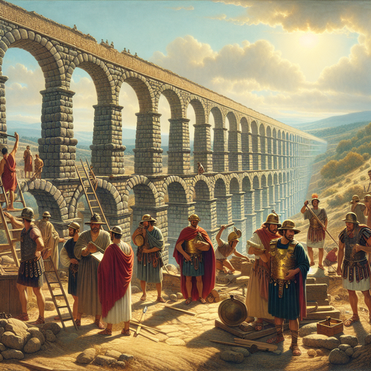 Roman engineers and legionaries at a Roman aqueduct construction site in Hispania, depicted in a cinematic 1960s historical epic painting style.