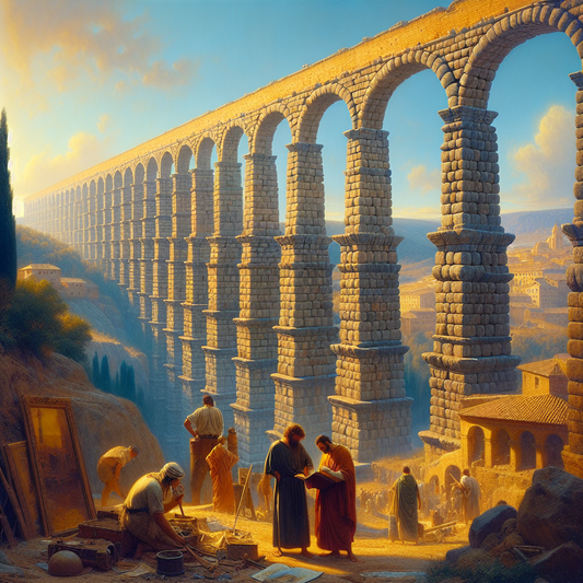 The Roman Aqueduct of Segovia stretches elegantly across the ancient cityscape under a clear blue sky, showcasing its towering granite arches and historic architectural mastery.