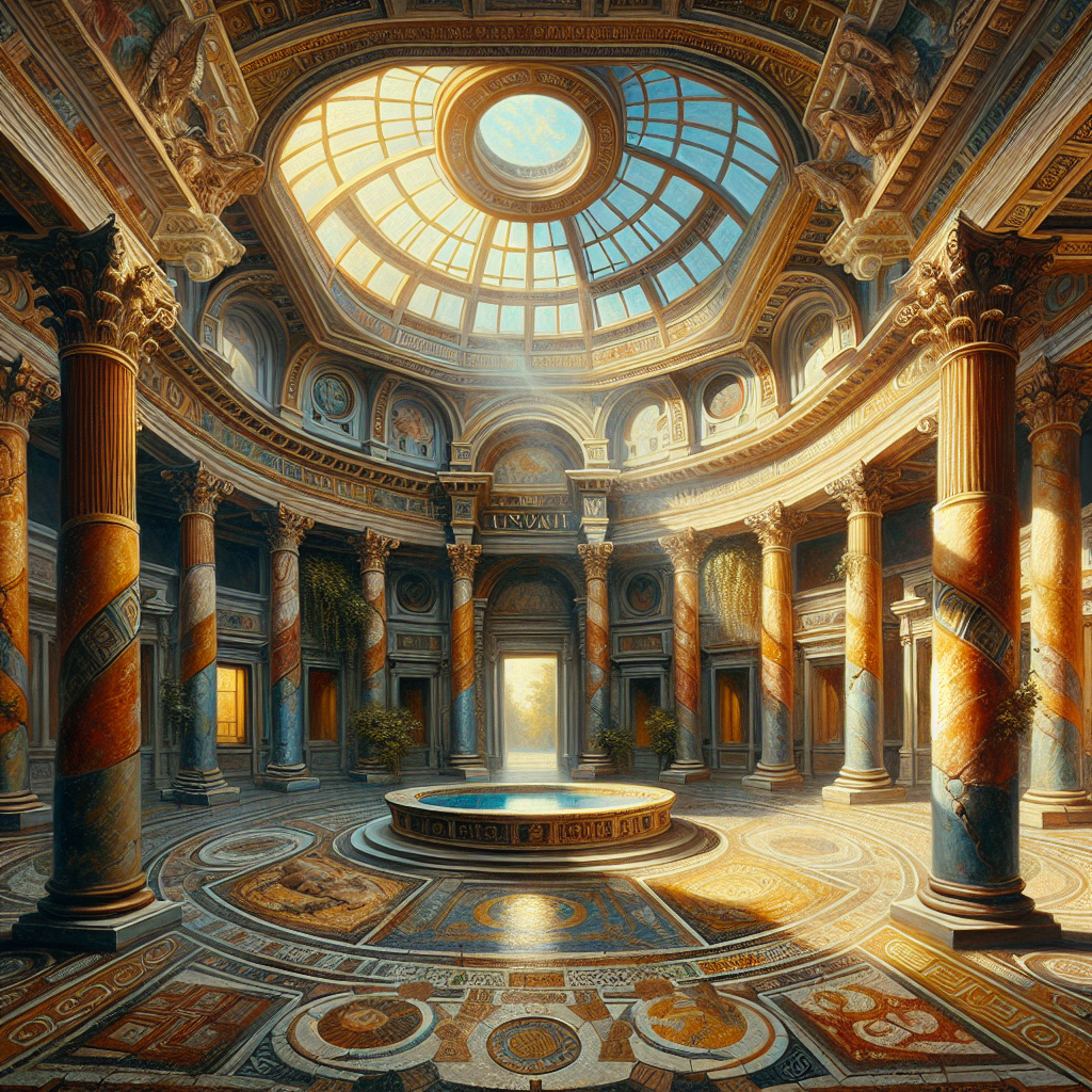 Sunlit ancient Roman atrium with an open roof, central water basin, classical columns, and detailed mosaics, depicted in a warm cinematic painting style.