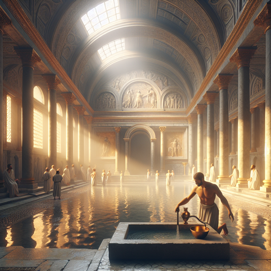 Ancient Roman bathhouse interior with marble walls and steam, featuring a person using a strigil for skin cleansing in a warm, cinematic historical style.