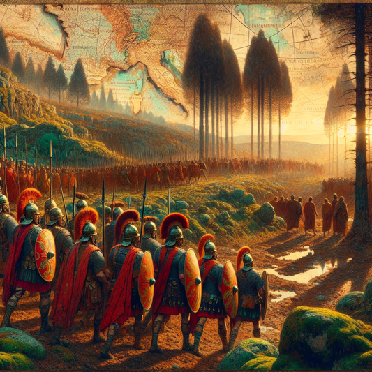 Roman soldiers march through dense Celtic forests merging into a modern map of France under a golden sunrise, in a 1960s historical epic painting style.