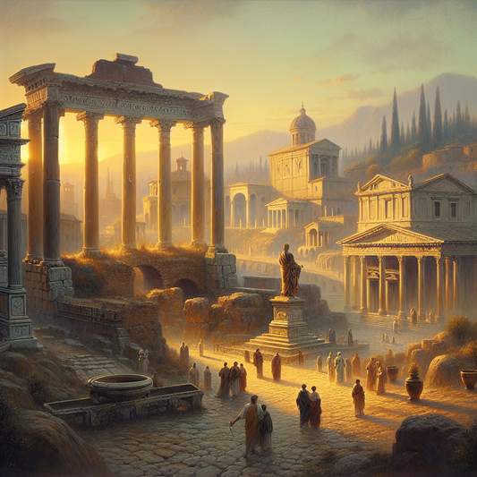 A serene ancient Roman cityscape at dawn with classical temples, citizens in togas, and subtle stoic virtue symbols like a philosopher's statue, fortress, scales, and urn in a warm golden light.