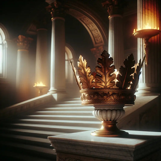 Ancient Roman oak leaf Civic Crown displayed on a marble pedestal in a dimly lit classical Roman setting, evoking valor and civic duty.
