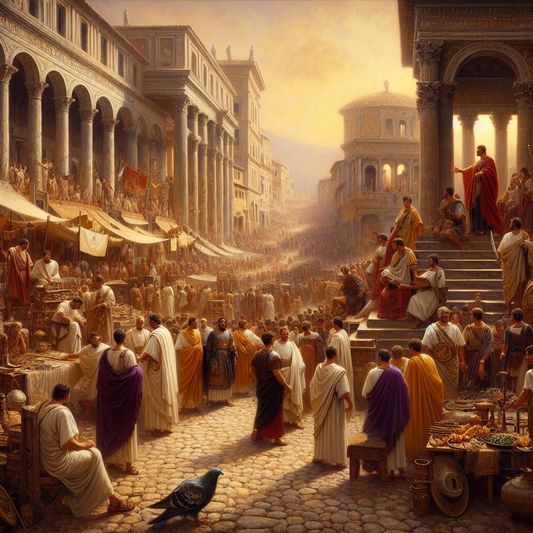 Bustling cobbled Roman street in 1st century with merchants, senators in togas, and soldiers in red cloaks amidst stone buildings and marble temples under golden sunlight.