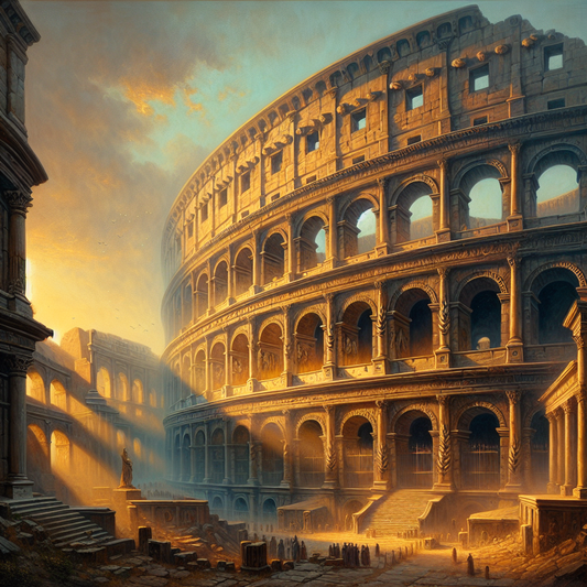 The ancient Roman Coliseum at sunrise, bathed in golden light with laurel wreath motifs subtly incorporated into its architecture, surrounded by a few Roman figures, depicted in the painterly style of 1960s historical epics.