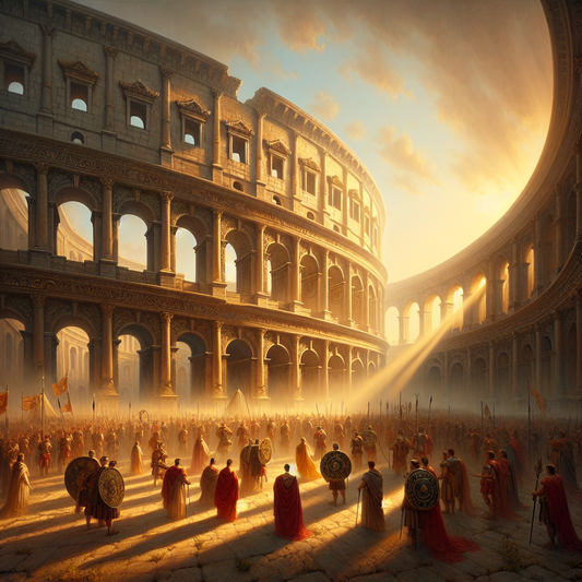 Majestic Roman coliseum at sunset with soldiers in traditional armor and laurel wreaths, featuring subtle Stoic symbols, painted in the style of 1960s Roman historical epics.