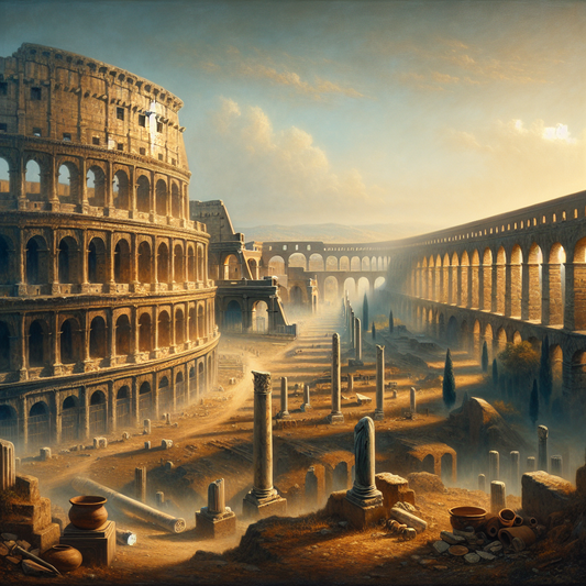 Panoramic view of the ancient Roman Colosseum and aqueduct arches under a warm, vibrant sky, painted in a cinematic style evoking classical Roman grandeur.