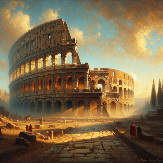 Majestic early morning panoramic view of the Roman Colosseum bathed in warm sunlight against a clear blue sky, highlighting its ancient stone arches and serene atmosphere.