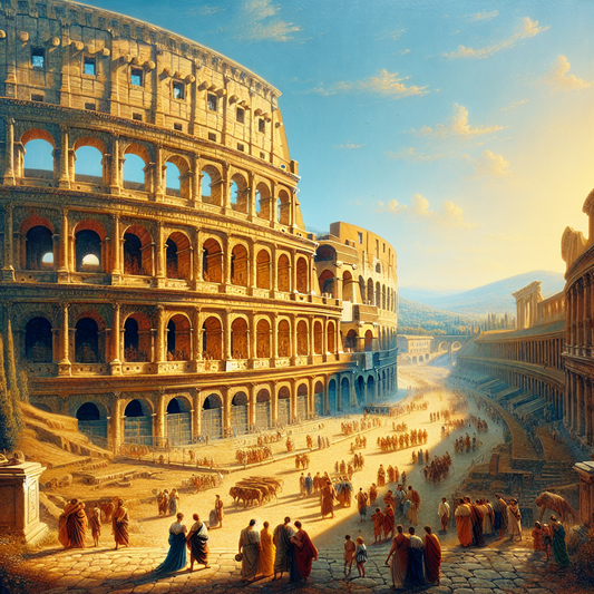 Visitors exploring the ancient Roman Colosseum under a bright blue sky with soft clouds, depicted in a cinematic 1960s epic painting style.
