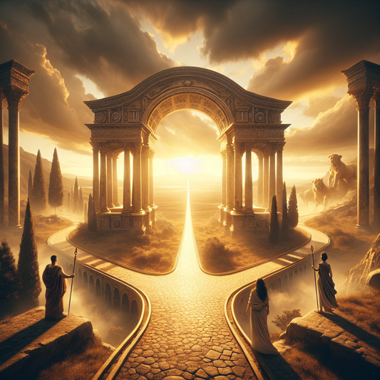 Roman crossroad under dramatic sky, with path leading towards golden horizon, symbolizing life choices, inspired by 1960s historical films.