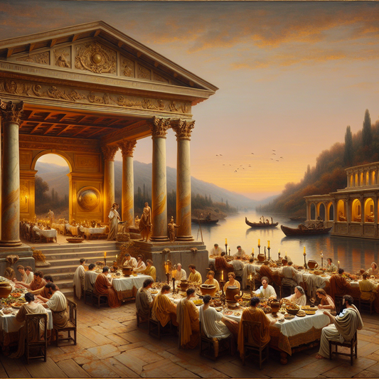Elegant Roman-style cruise dining room at dusk with warmly dressed guests enjoying a refined meal, overlooking a scenic river under soft golden light, inspired by classical realism and 1960s historical epics.