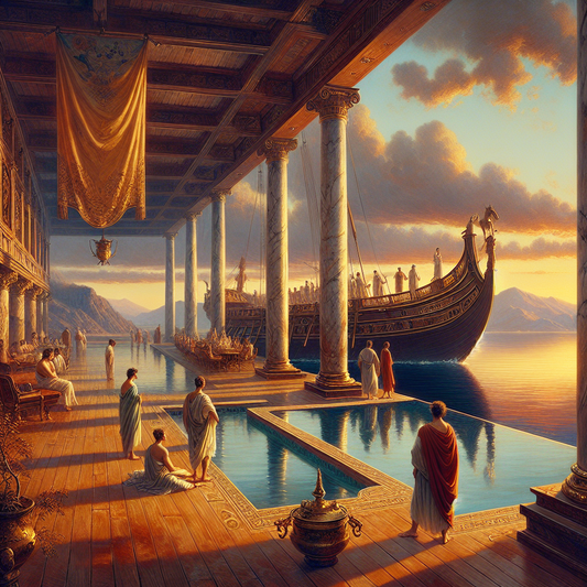 Serene ancient Roman ship deck with infinity pool overlooking calm Mediterranean Sea at sunset, painted in style of 1960s Roman historical epics.