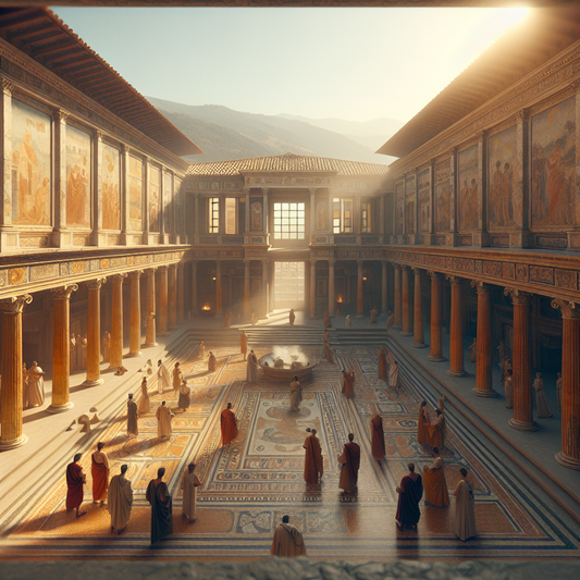 Luxurious ancient Roman domus with open atrium, frescoes, mosaic floors, and classical columns beneath a bright sky, in a cinematic painting style.
