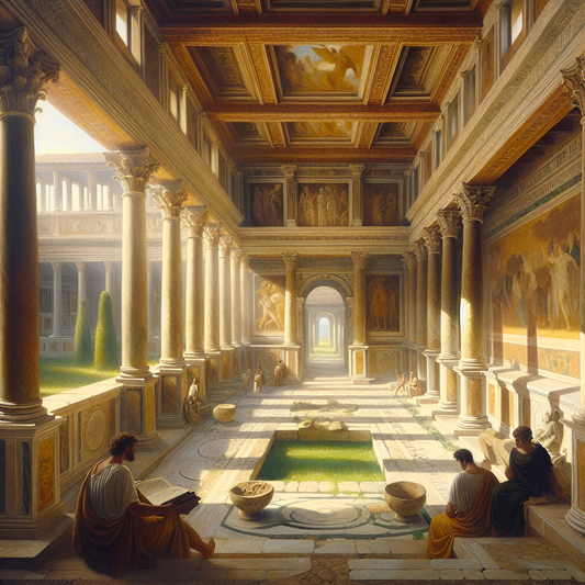 Sunlit interior of an ancient Roman domus showing the atrium with marble floors, classical columns, peristyle garden, and detailed frescoes, depicting peaceful Roman domestic life in a 1960s historical epic painting style.