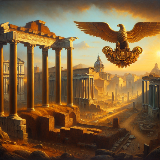 A majestic Roman eagle banner flies over the Roman Forum at sunset, with ancient marble columns glowing warmly in the golden light, symbolizing the strength and unity of the Roman Empire.