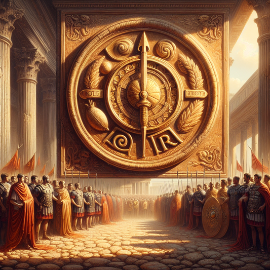 Stone-carved SPQR emblem with artistic emphasis on the letter Q in the foreground, set against a backdrop of Roman citizen-soldiers in armor and red cloaks symbolizing military and governance strength.