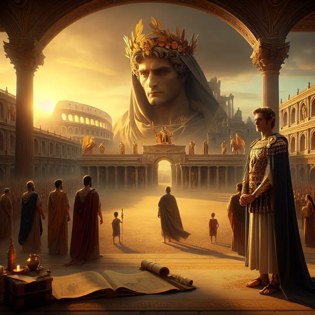 Roman emperor wearing a half laurel wreath and half jeweled diadem crown, standing heroic before the Colosseum and Roman Forum, symbolizing the evolution of imperial headgear in a classical 1960s cinematic painting style.