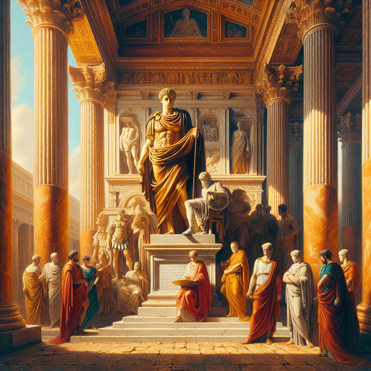 Regal Roman emperor statue in an ancient marble hall surrounded by symbolic figures representing Stoic virtues: wisdom, courage, justice, and self-discipline, in a classical, warm-toned, cinematic painting style.