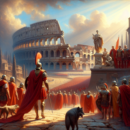 A detailed cinematic painting of Roman legions near the Colosseum with a sculptural she-wolf statue of Romulus and Remus, in the style of 1960s Roman historical epics.