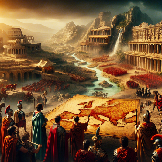 Panoramic painting of the divided Roman Empire during the Crisis of the Third Century showing three empires: the Gallic Empire in the west, the Palmyrene Empire in the east and the central Roman Empire in Italy with banners and an ancient strategic map.