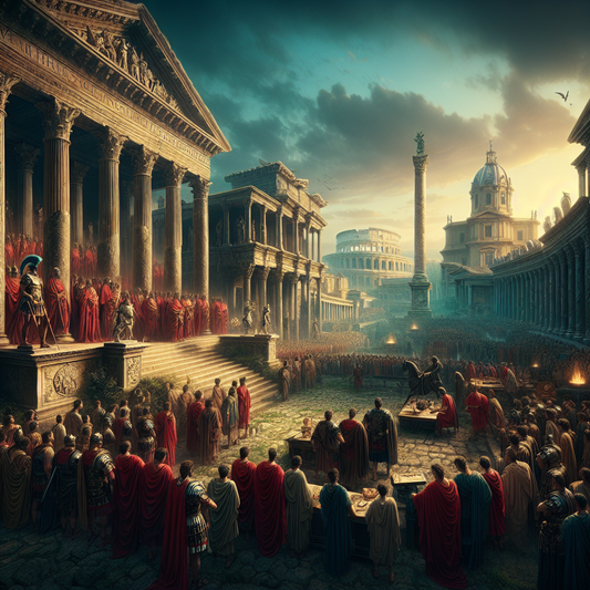 A panoramic scene of ancient Rome at its peak with grand marble architecture, Roman soldiers and citizens, and subtle symbolic overlays representing Stoic virtues, painted in the style of 1960s historical epics.