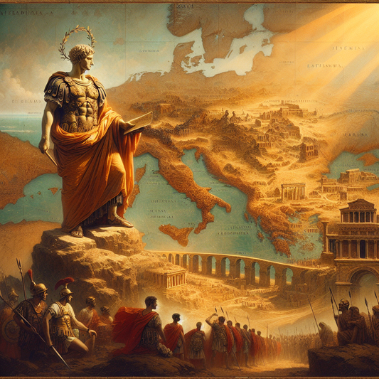 Detailed artistic map of the Roman Empire under Emperor Tiberius with symbolic images of Caesar and Roman legions, in a cinematic 1960s epic painting style depicting major territories and cities.