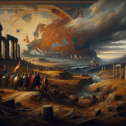 An ancient map showing the Roman Empire and migrating Visigoth warriors crossing from the Black Sea to Western Europe under stormy skies, painted in a dramatic 1960s historical epic style.