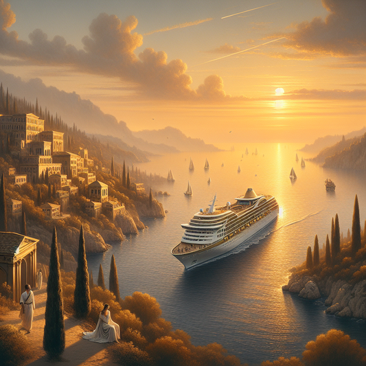 A majestic luxury cruise ship with Scandinavian minimalist design glides through calm Mediterranean waters at sunset, styled as a 1960s Roman historical epic painting.