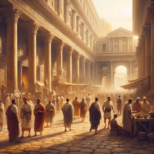 Ancient Roman forum bustling with men in varied tunics and glimpses of subligaculum undergarments, set under bright Mediterranean sunlight, capturing daily life in Rome in a cinematic 1960s epic style.