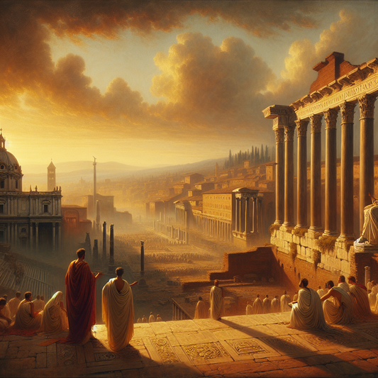 Ancient Roman cityscape at dawn with the Roman Forum and Capitoline Hill bathed in golden sunlight, Roman senators in togas gathered in discussion.