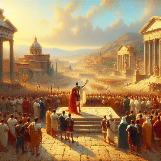 Roman general addressing citizens and senators in the Roman Forum, with marble temples and arches in the background, rendered in the style of 1960s historical epic films.