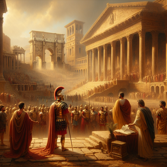 A panoramic painting of ancient Rome's Forum with a Roman general addressing legionaries in red cloaks, toga-clad senators beside columns, under warm golden sunlight, in a cinematic 1960s epic style.