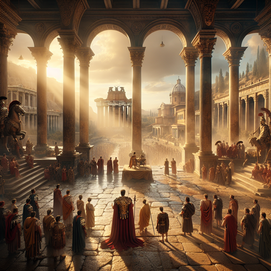 Roman general and senators in the bustling Roman Forum with marble temples and soldiers, depicted in a warm, cinematic 1960s historical epic painting style.